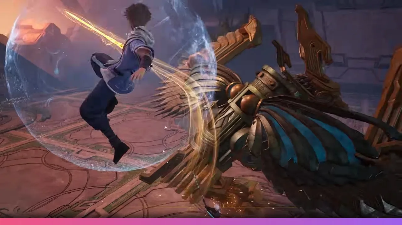 Player character fighting a powerful enemy with weapon skills