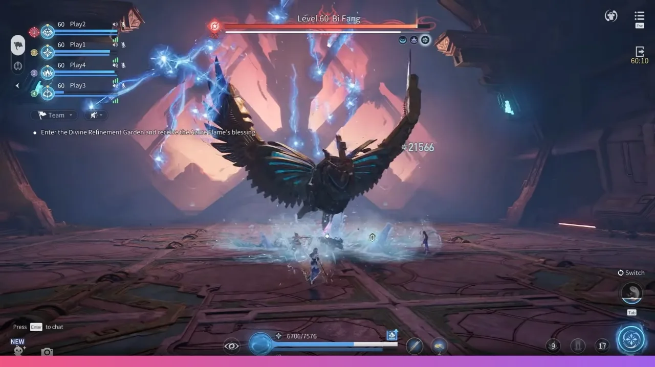 Bifang boss battle with fire effects in a dungeon setting
