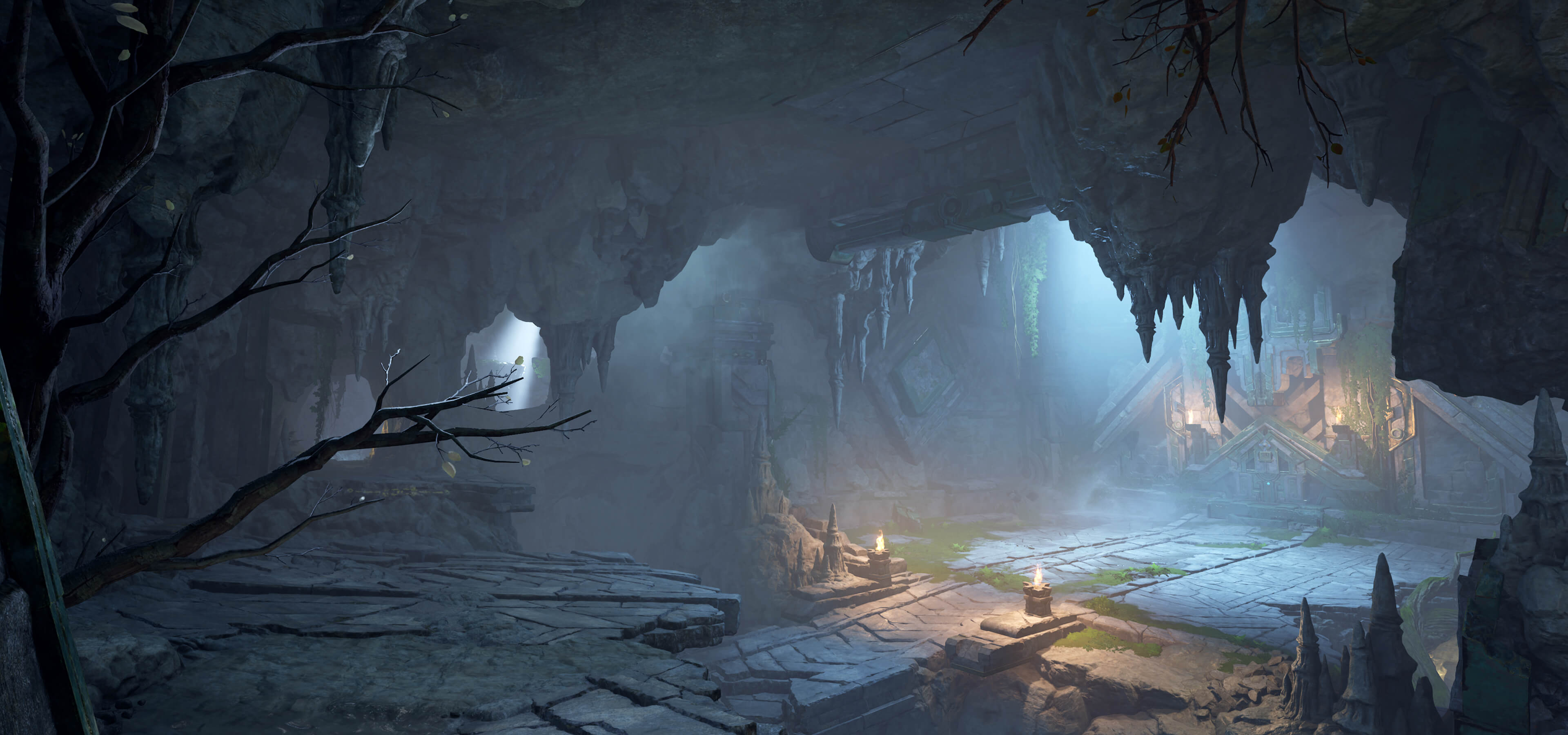 Underground dungeon environment with glowing elements