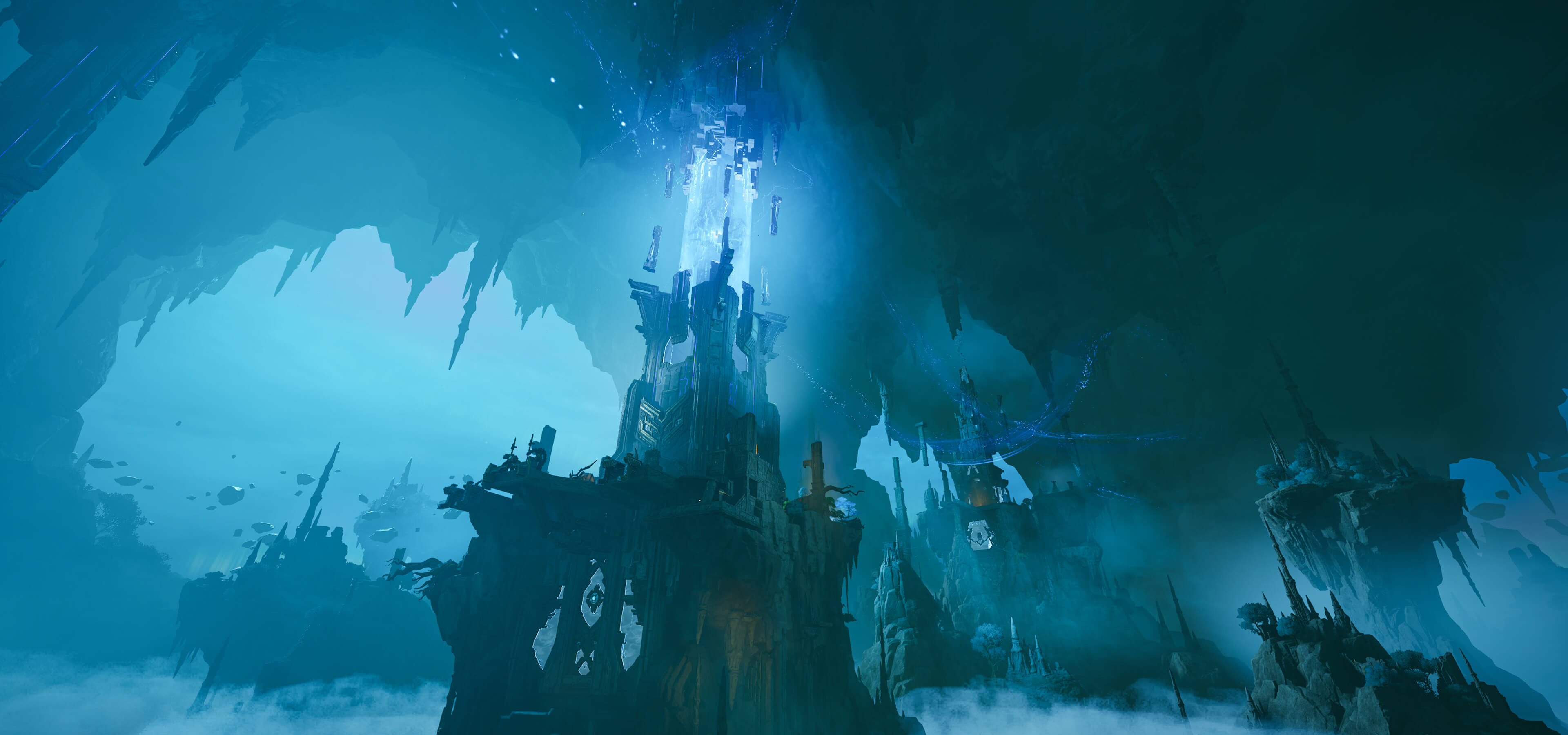 Underground ancient temple with glowing crystals