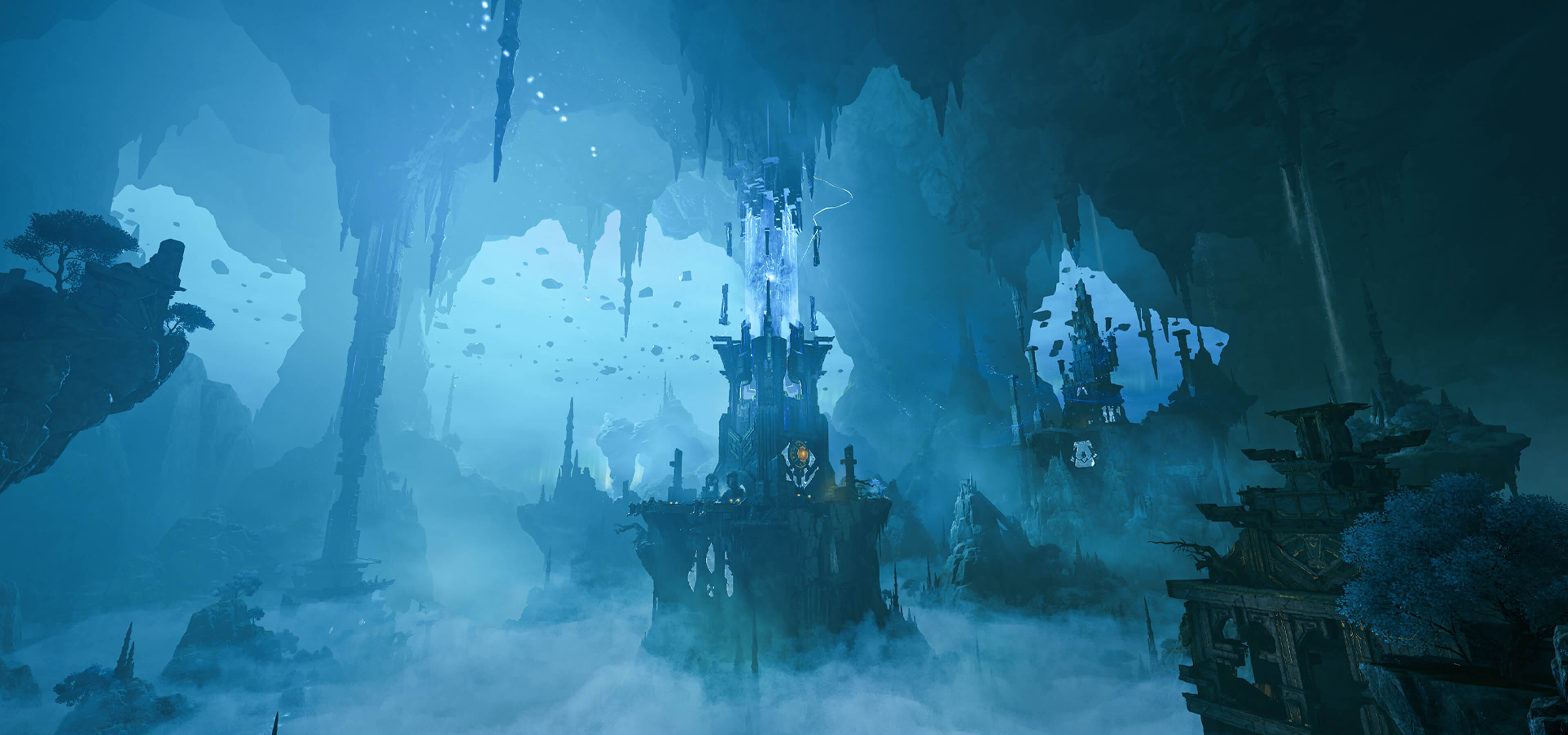 Underground cavern with waterfall and ancient stonework