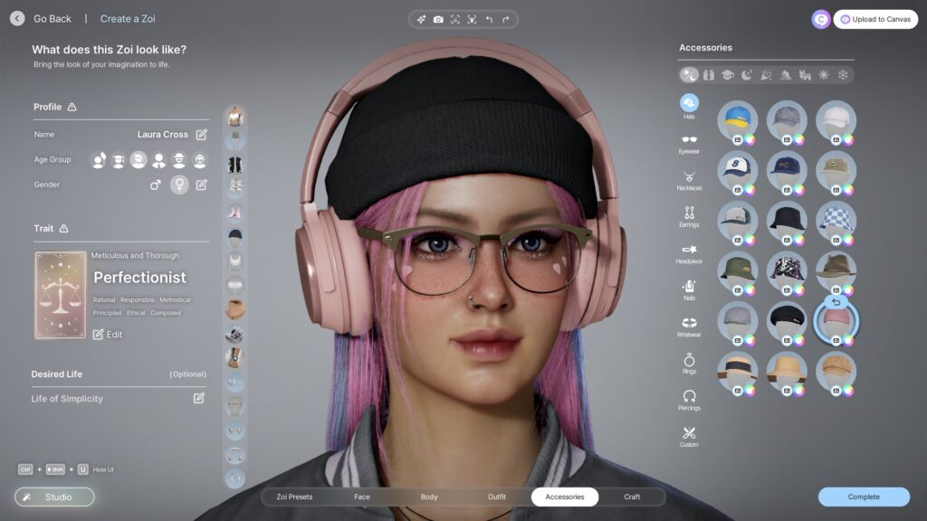 inZOI accessory customization showing hat selection options
