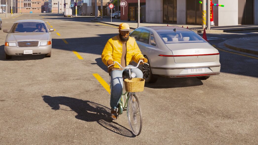 inZOI Zoi riding a bicycle through the city streets