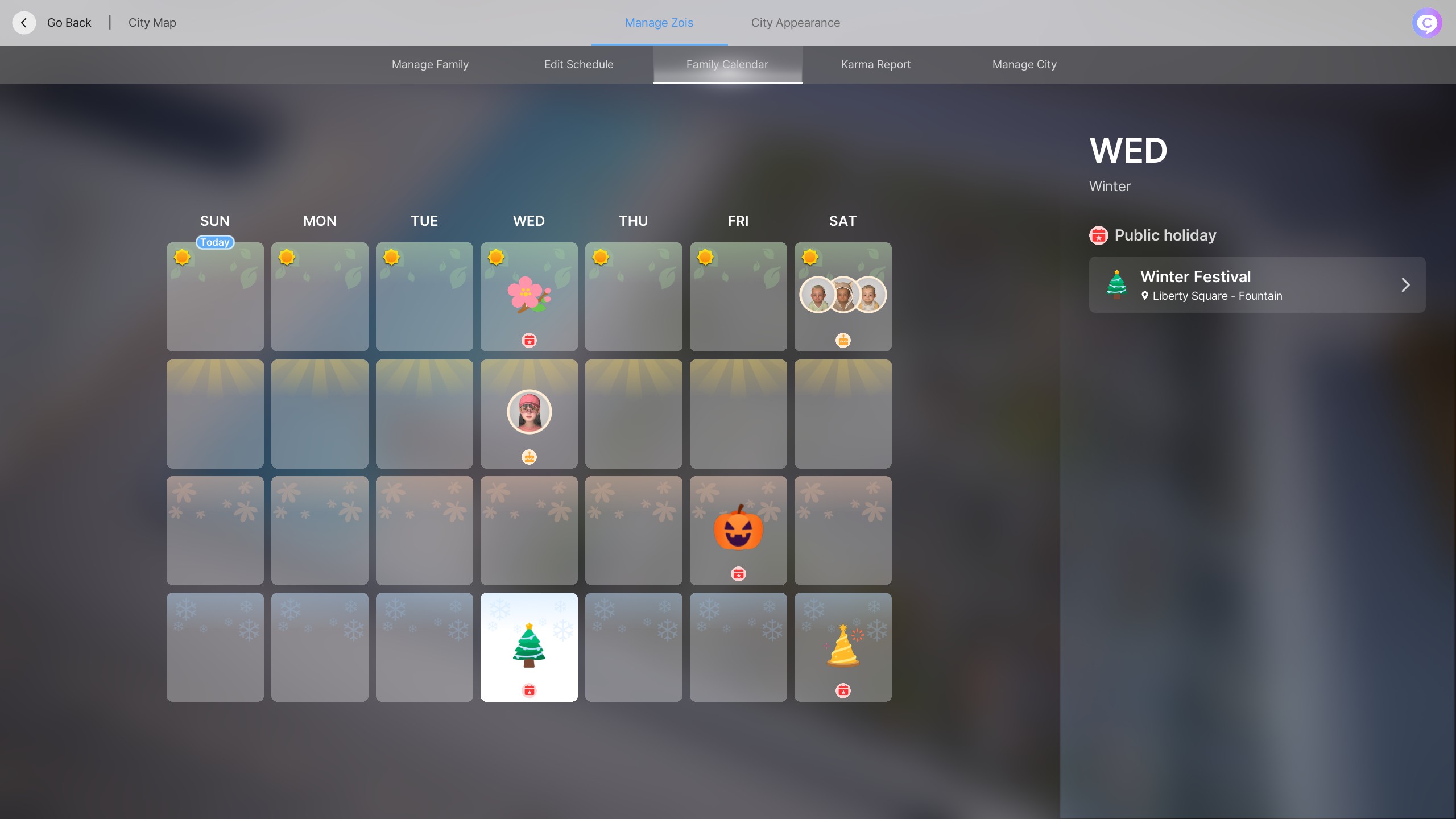 inZOI calendar system display showing events and schedules