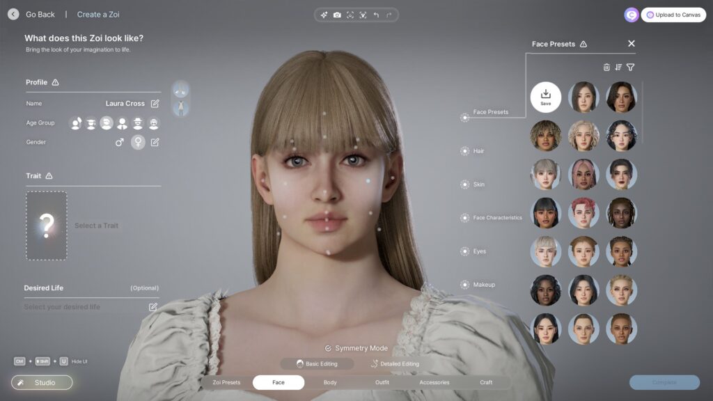 inZOI facial customization editor with detailed face editing options