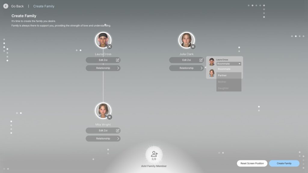 inZOI family creation interface showing household setup