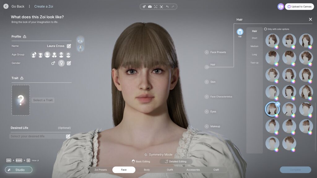 inZOI hair style selection menu with various hairstyle options