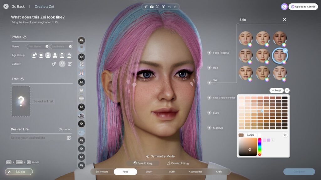 inZOI skin tone selection and customization interface