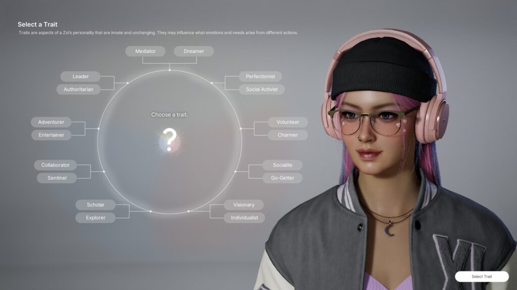 inZOI personality trait selection menu for Zoi characters