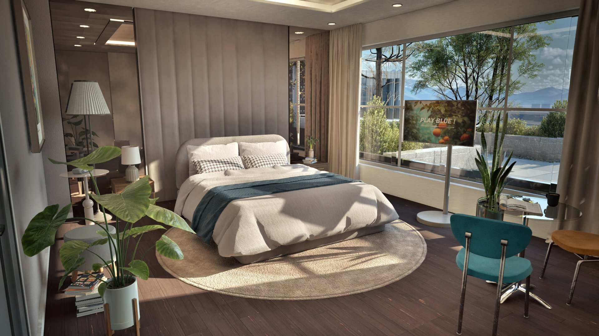 A cozy bedroom interior decorated with plants and modern furniture in inZOI