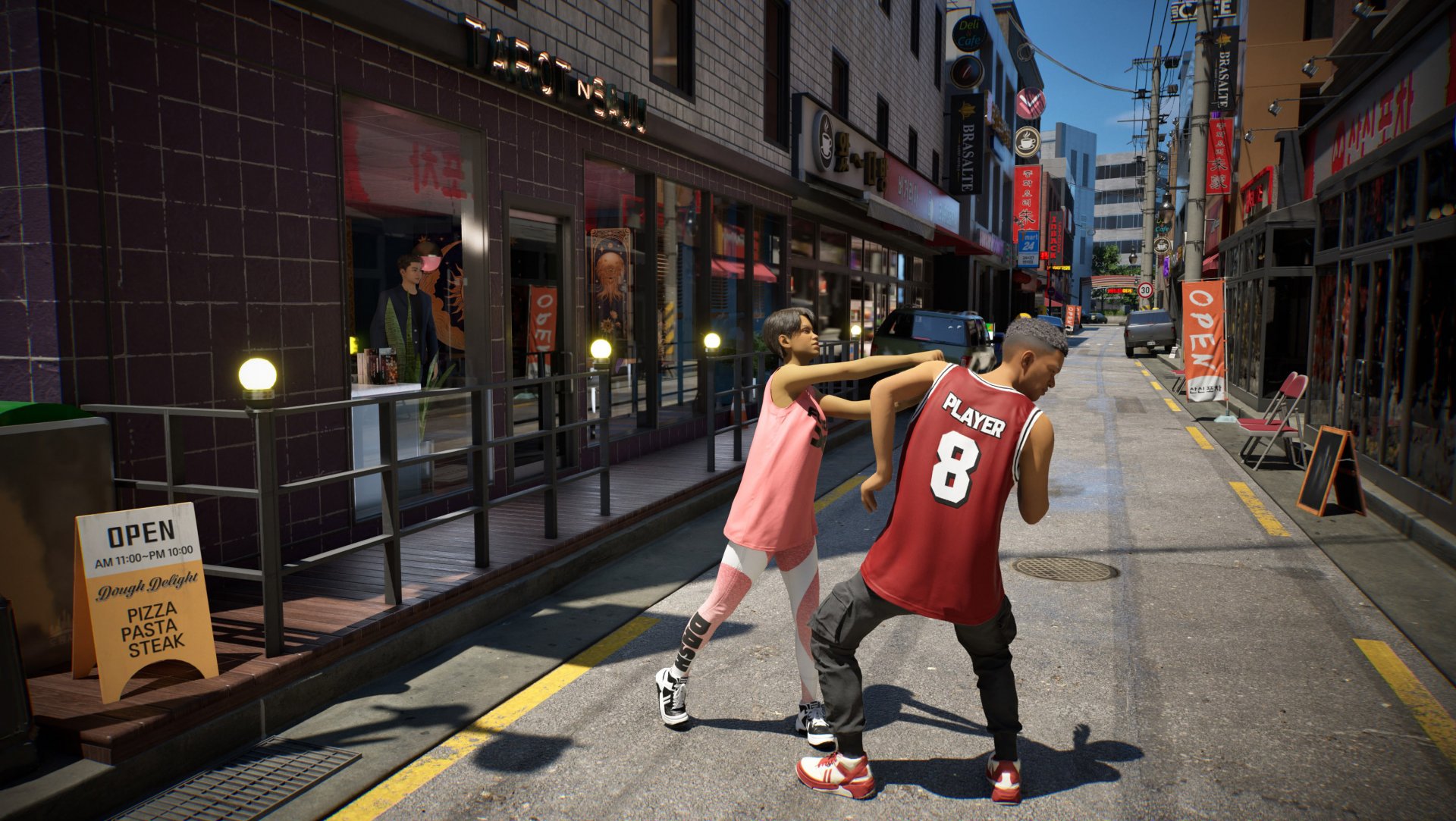 Two Zois in a heated street confrontation near a pizza restaurant