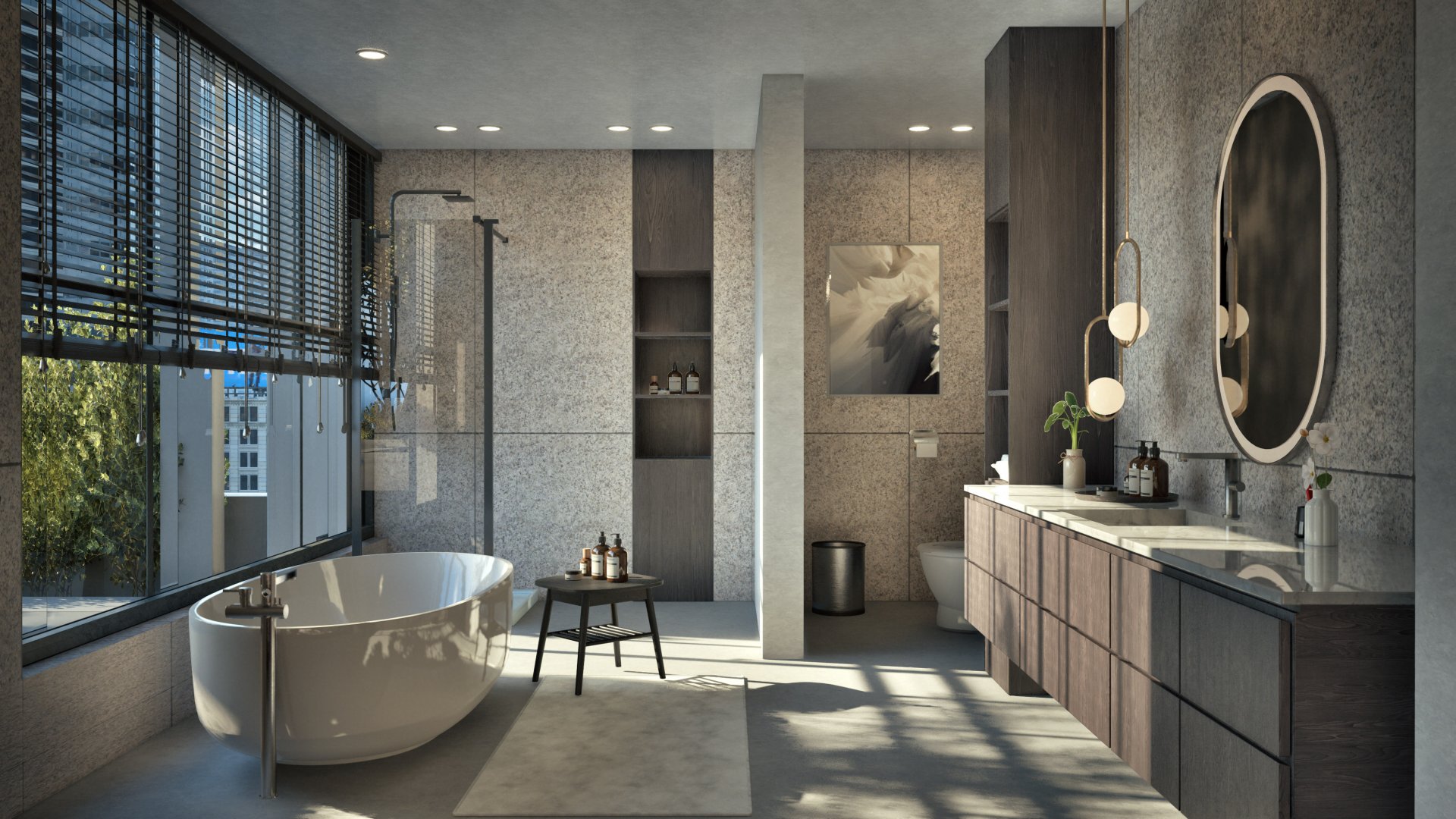 A luxurious bathroom featuring a freestanding bathtub and elegant fixtures