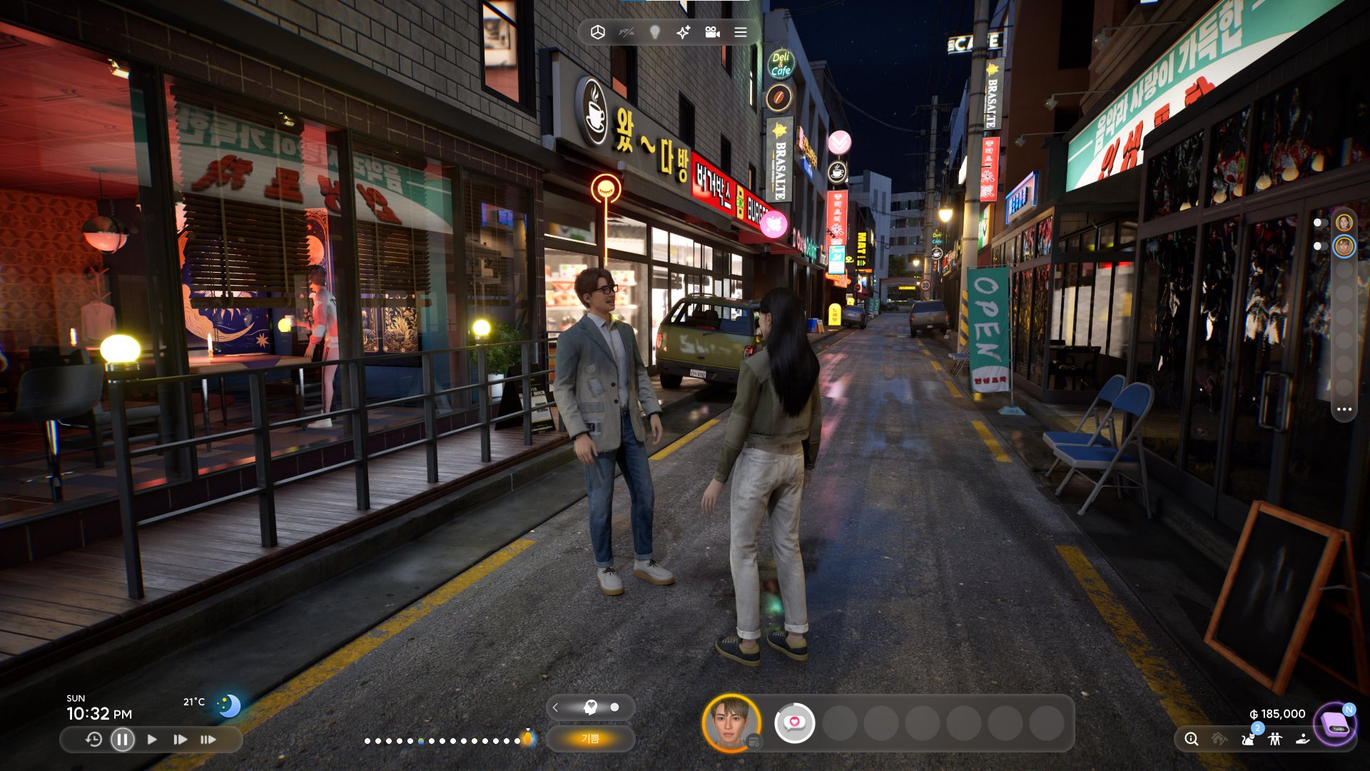 Two Zois having a conversation on a lively night street