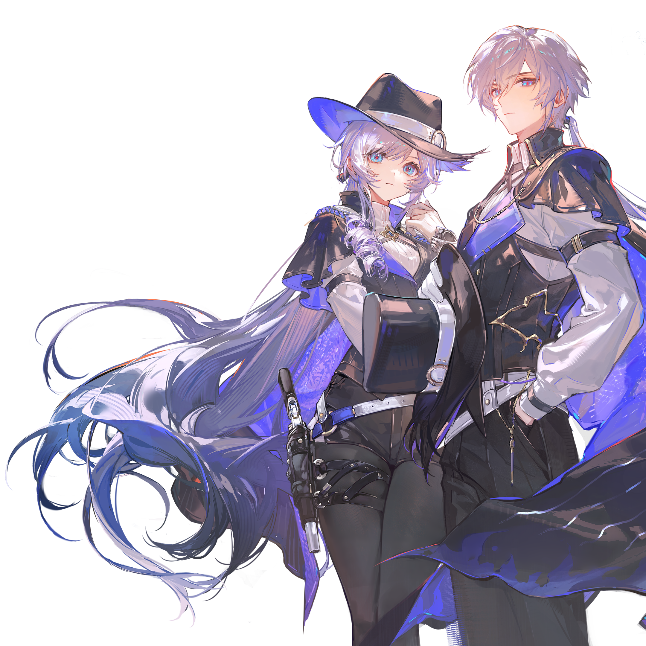 Official character art of the two Detective protagonists, one in a wide-brimmed hat with a holstered sidearm and one in a dark caped coat