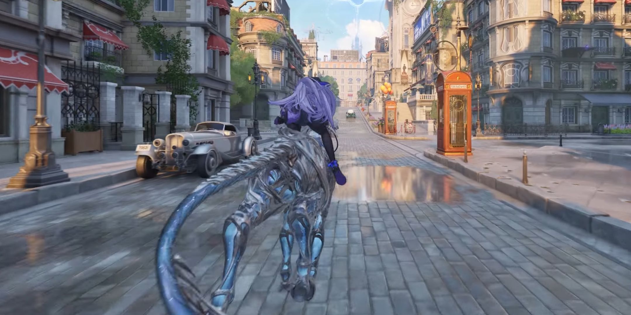 The Detective riding a Silverium Pegasus mount through the city