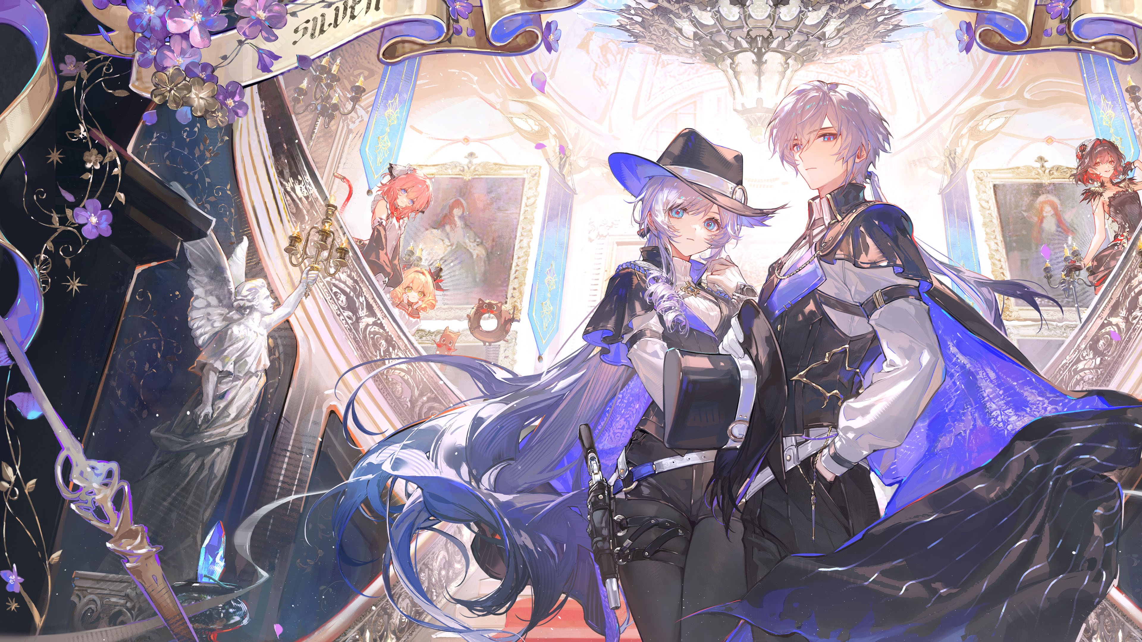Official key art of the two Detective protagonists standing back to back in a bright mirrored gallery hall, with framed portraits of their companions on the walls behind them