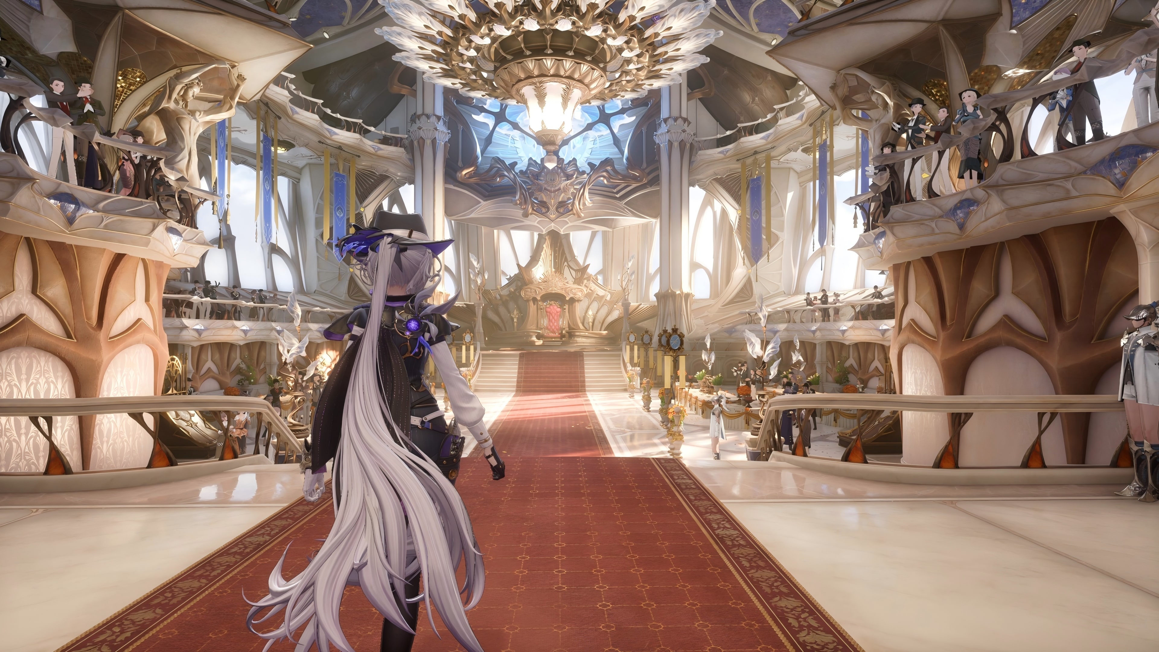The Detective walking a red carpet toward a raised throne in a bright vaulted palace hall, with onlookers watching from the upper balconies