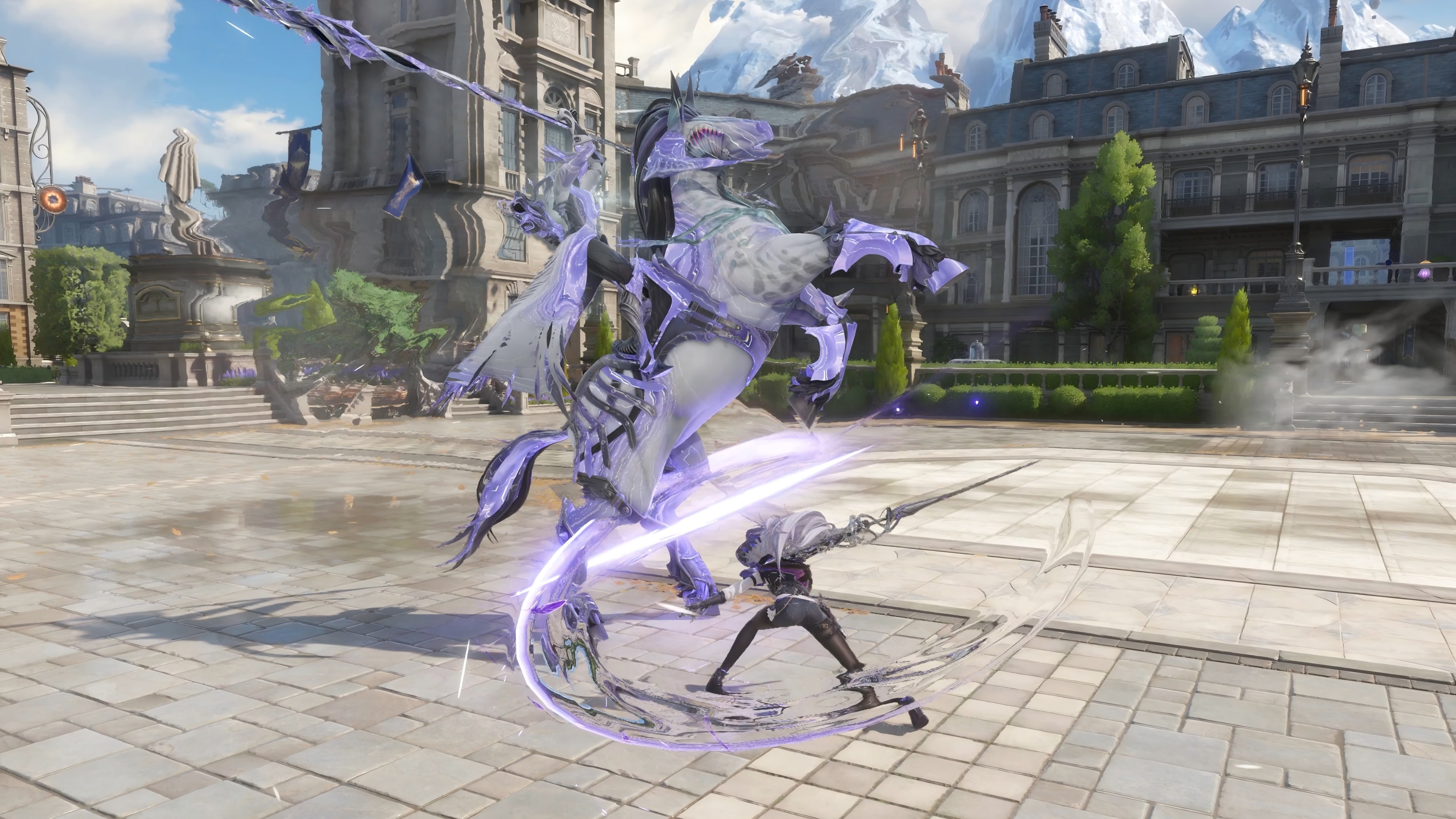 A towering pale beast rearing over a lone character mid-swing in a sunlit stone plaza, a purple energy arc trailing the blade