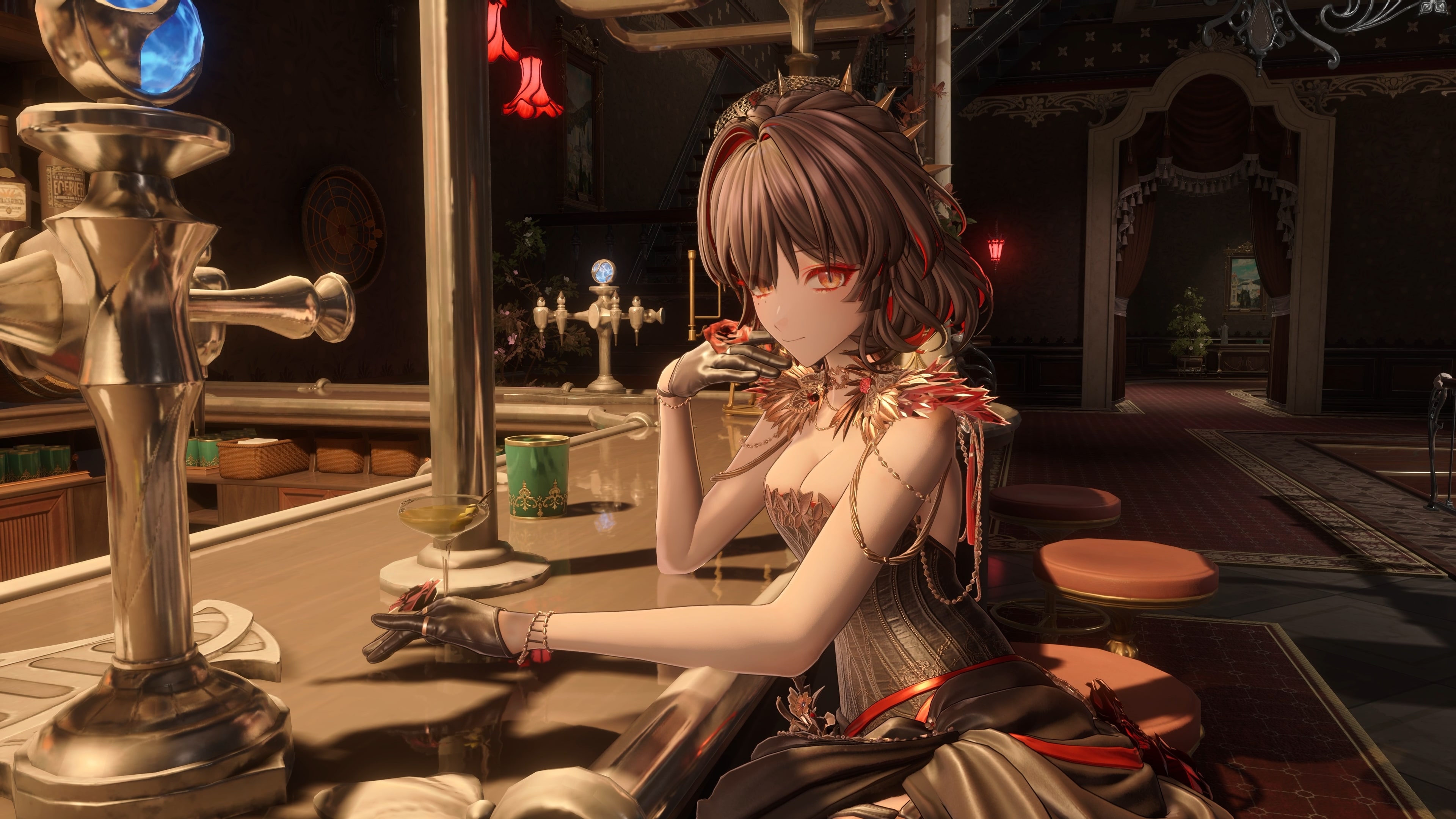 Red Rose seated at a polished bar counter in a dim lounge, turning a red rose in a gloved hand