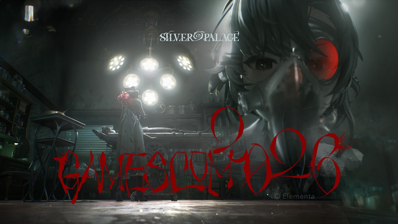 Key still from the special trailer, showing a dim operating room with a figure standing at the table and a masked face overlaid across the frame