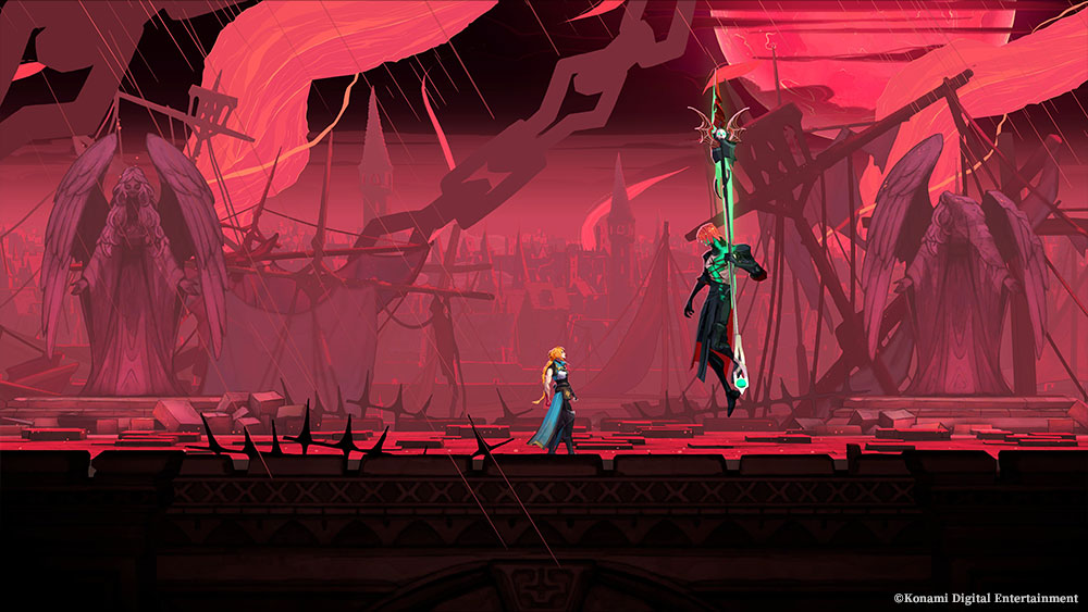 Rose faces Isaac, a red-haired figure holding a tall green weapon, among winged statues in a ruined crimson hall.