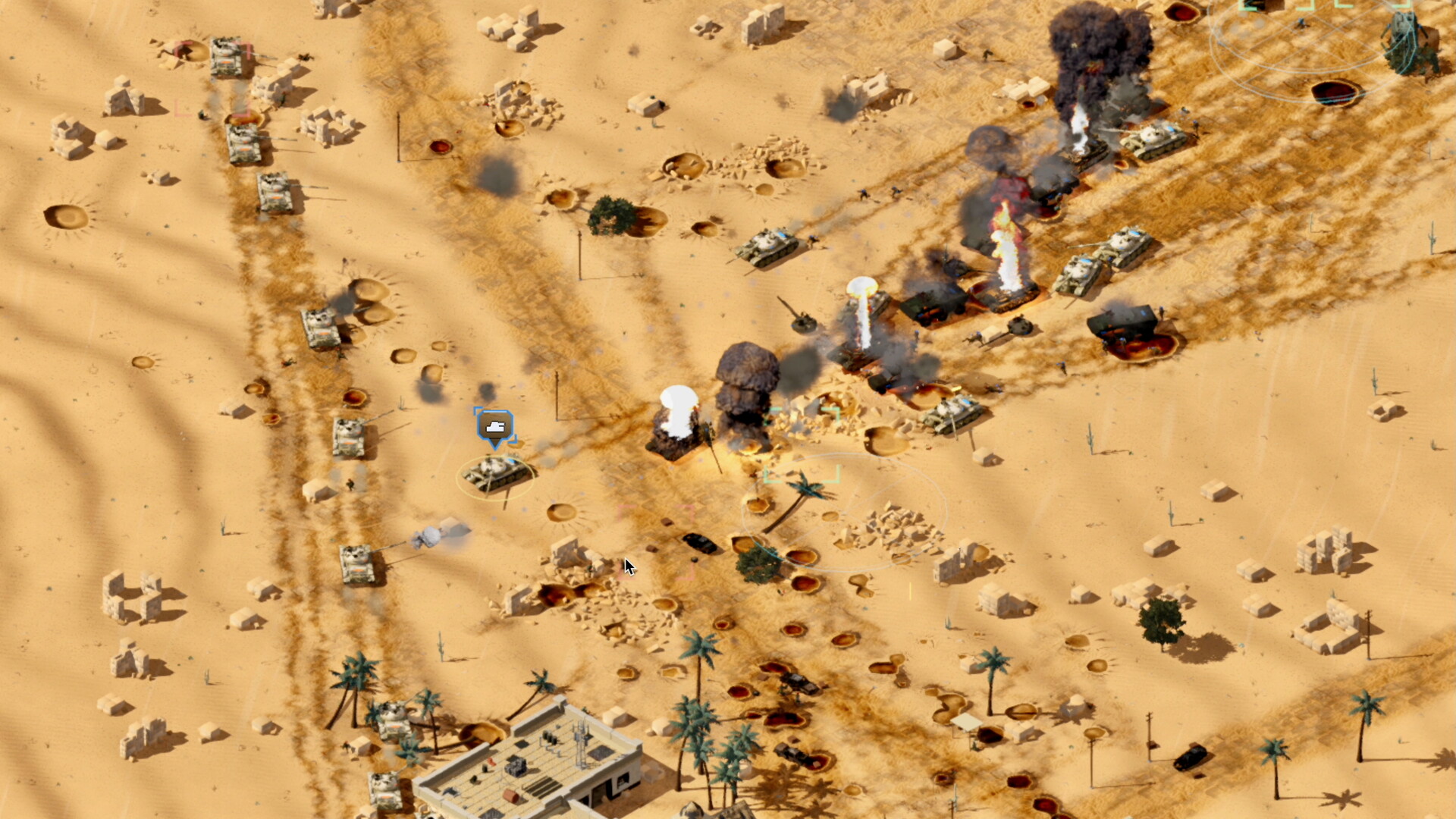 Tanks fight through a cratered desert battlefield among burning vehicles and ruined walls.
