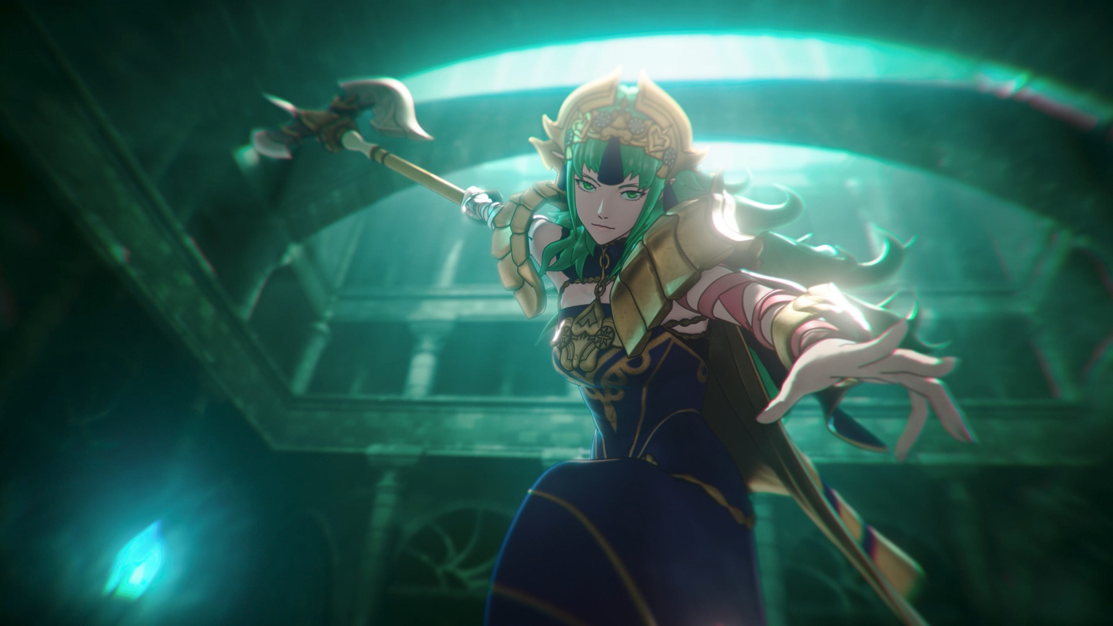 A green-haired figure in a gold laurel crown swinging a gold polearm in a green-lit ruined hall