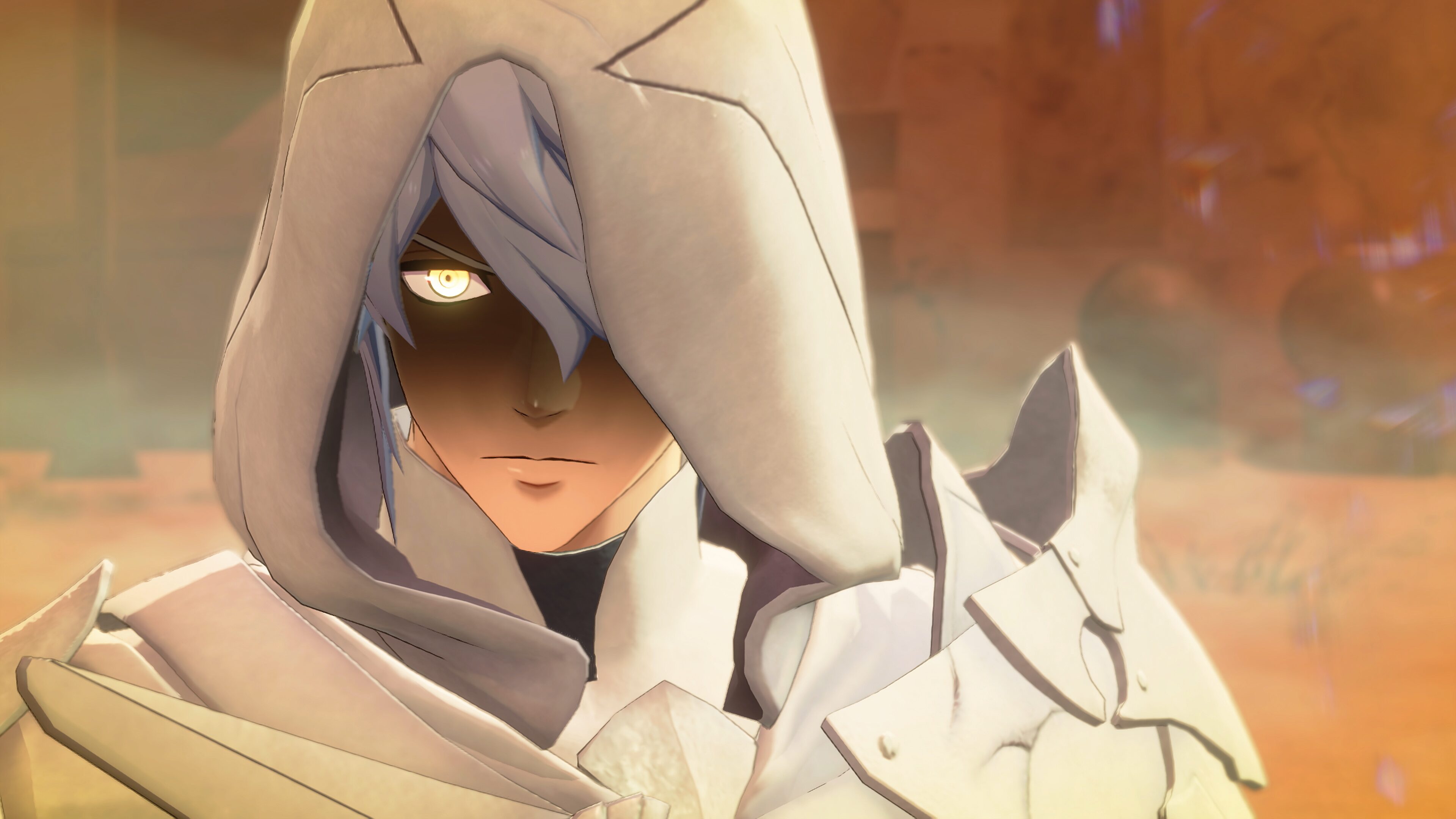 A hooded figure in white plate with silver-blue hair and one glowing amber eye