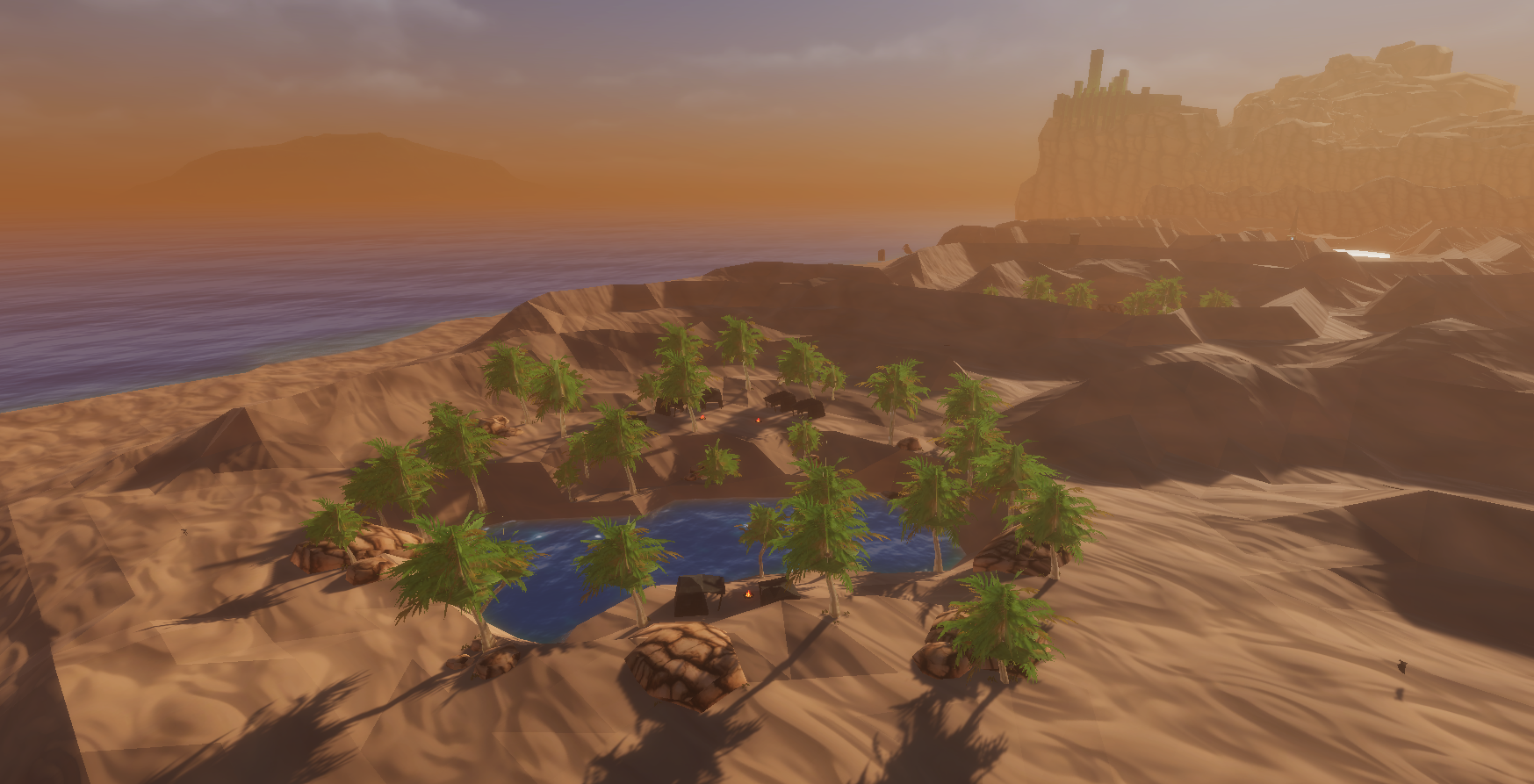 In development view of a palm ringed desert oasis among rolling dunes
