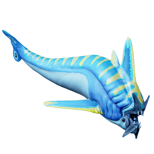 Nibbler Mango creature portrait from Subnautica 2 showing its blue shark-like body with yellow transverse stripes