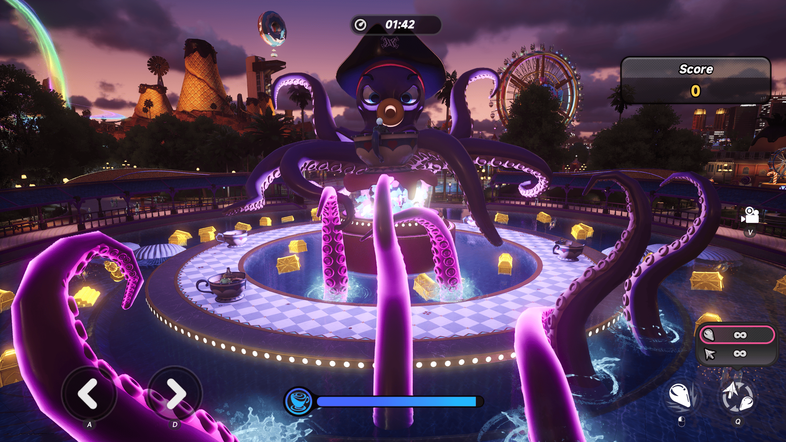 Purple octopus tentacles surround a teacup ride in Candy Jar Raid, with timer, score and durability gauges.