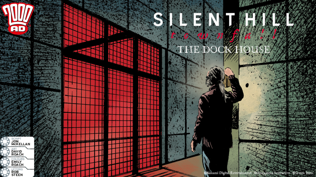 The Dock House comic art: a figure with a torch facing a red-lit grid wall beneath the harbour