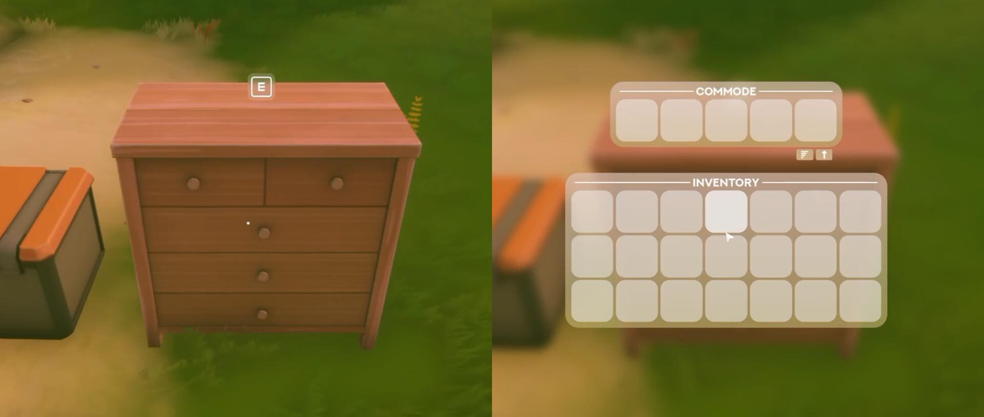 A wooden commode beside a chest in Solarpunk, with the commode and backpack inventory grids open in a comparison view