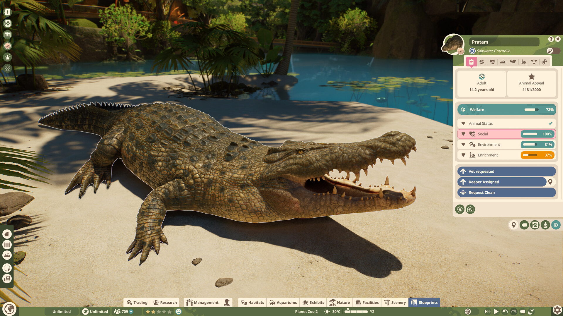 A saltwater crocodile basking beside its habitat pool with the animal information panel open, showing welfare, social, environment and enrichment readings