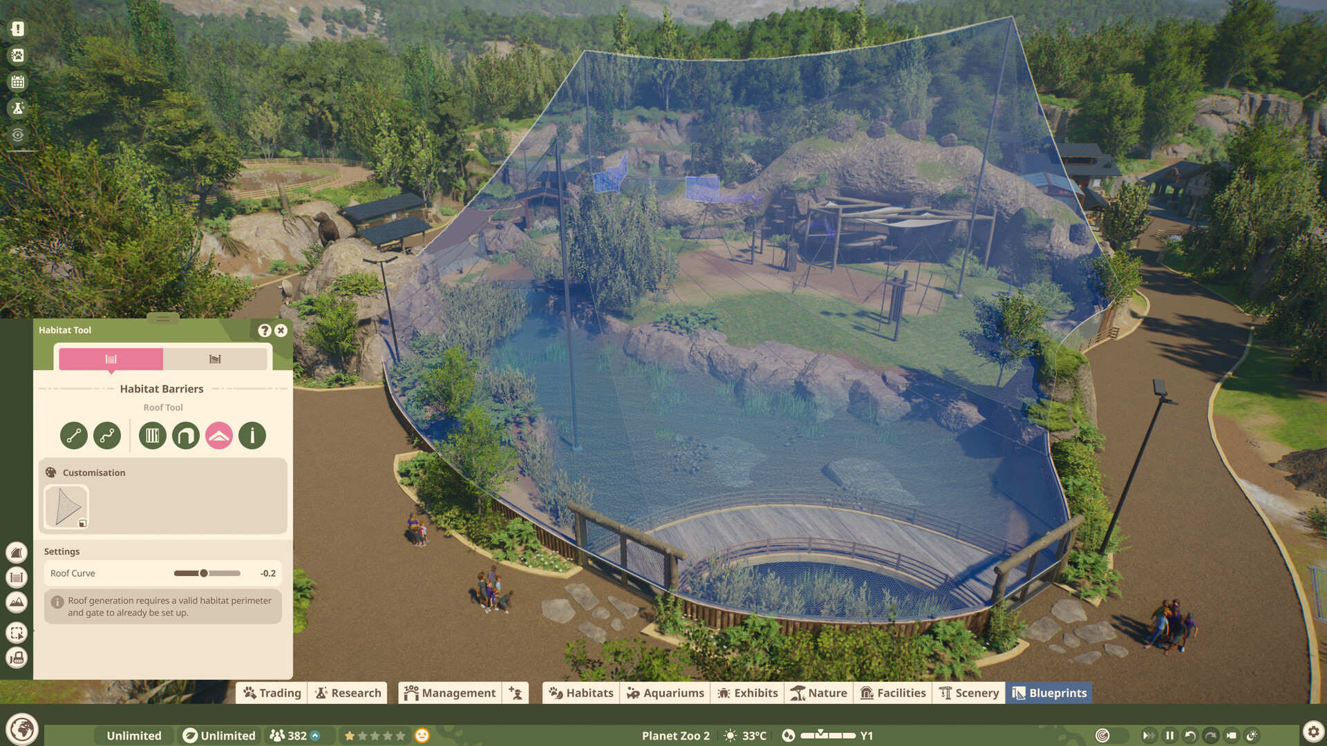 The habitat roof tool generating a curved mesh cover over a lakeside habitat, with the roof curve slider visible