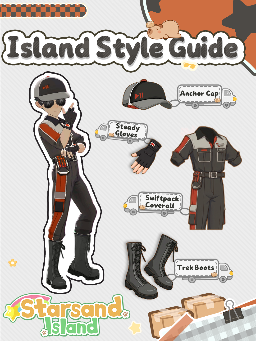 Official Starsand Island style guide art of the Delivery Outfit: Anchor Cap, Steady Gloves, Swiftpack Coverall and Trek Boots