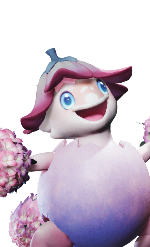Official full-body artwork of the Aniimo Pomegg in its Sea of Flowers Form, a Grass element Break role creature