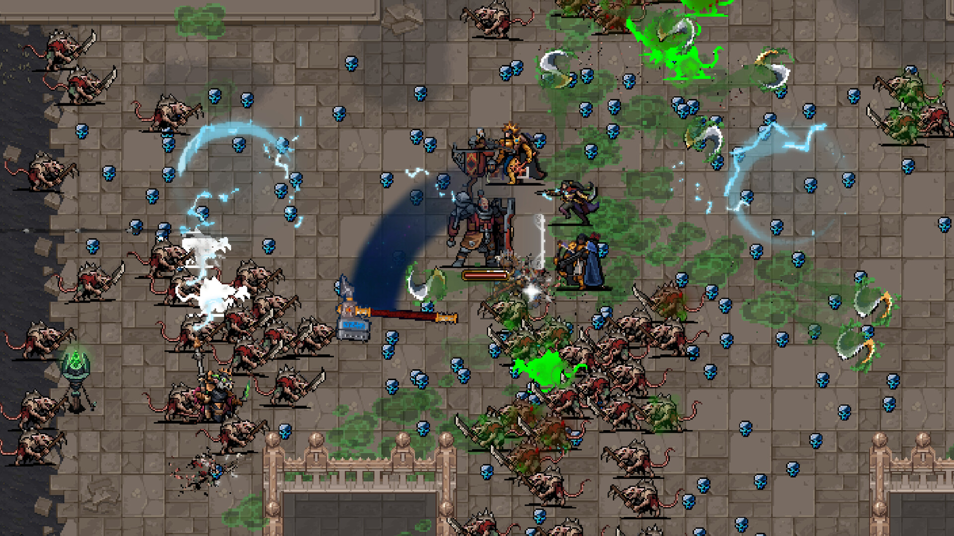 Skaven horde in a stone courtyard hit by lightning arcs and poison clouds in Warhammer Survivors