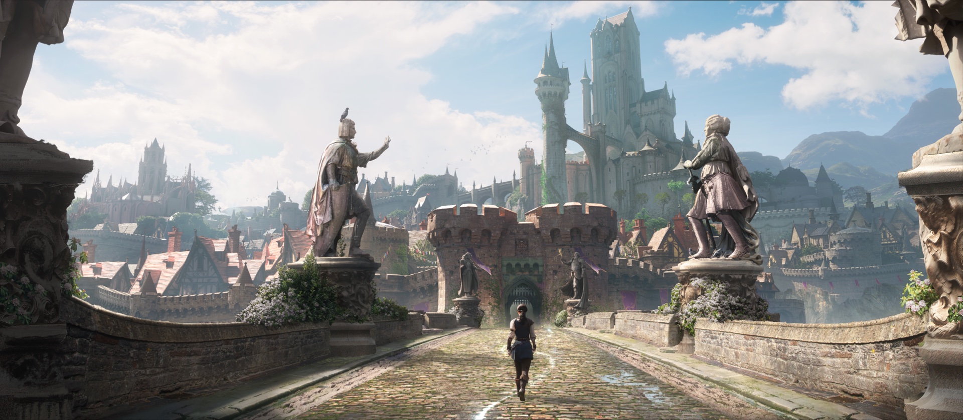 A lone figure walks a cobbled bridge lined with statues of heroes toward a walled gatehouse, with the spires of a great city rising behind it