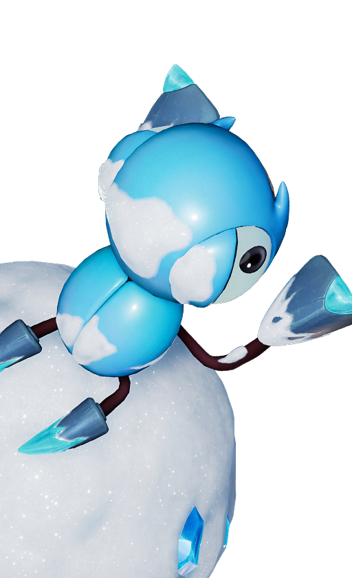 Official full-body artwork of the Aniimo Baleetle in its Snowfield Form, a Rock and Ice element DPS role creature