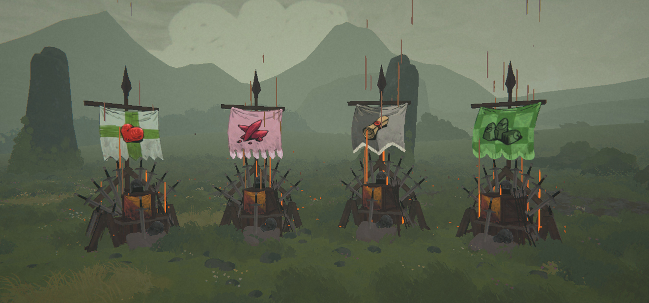 Four banners raised over weapon racks in a misty field, marked with a heart, a red crystal, a scroll and a pile of stones, shown in the September 2026 preview of new reward choices