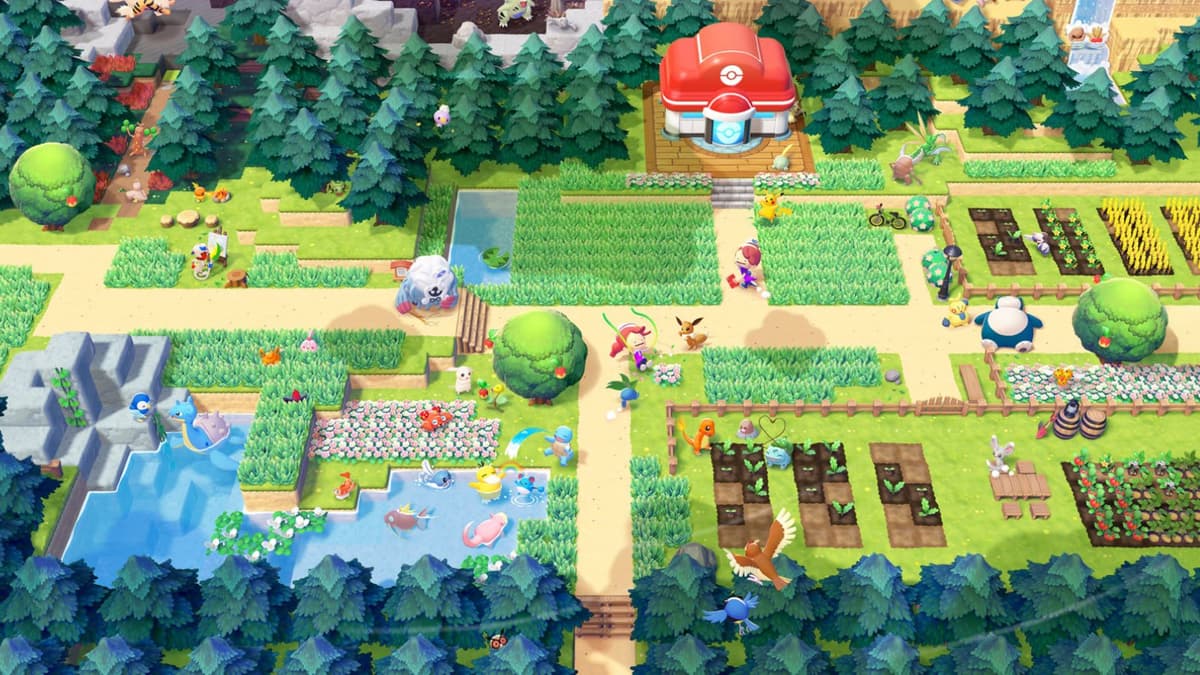 Aerial view of the Pokemon Pokopia world showing multiple regions