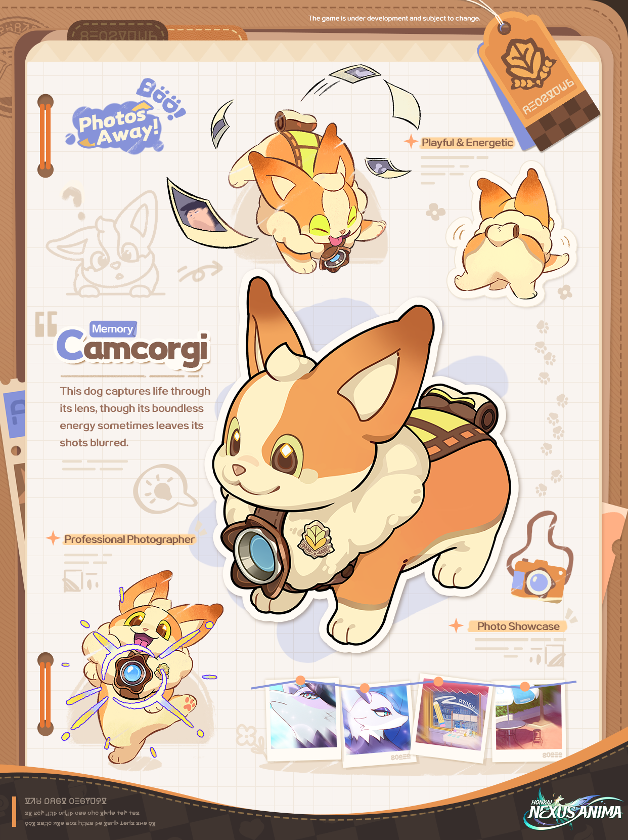 Camcorgi, the Memory Aspect Anima, shown as a corgi wearing a camera lens at its chest with photo prints scattered around it