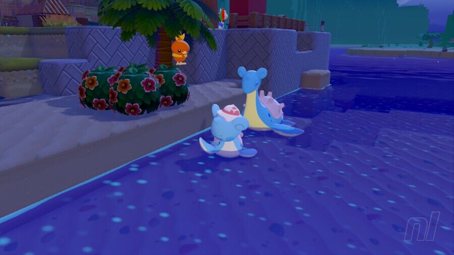 Ditto using Surf transformation to cross water in Pokemon Pokopia