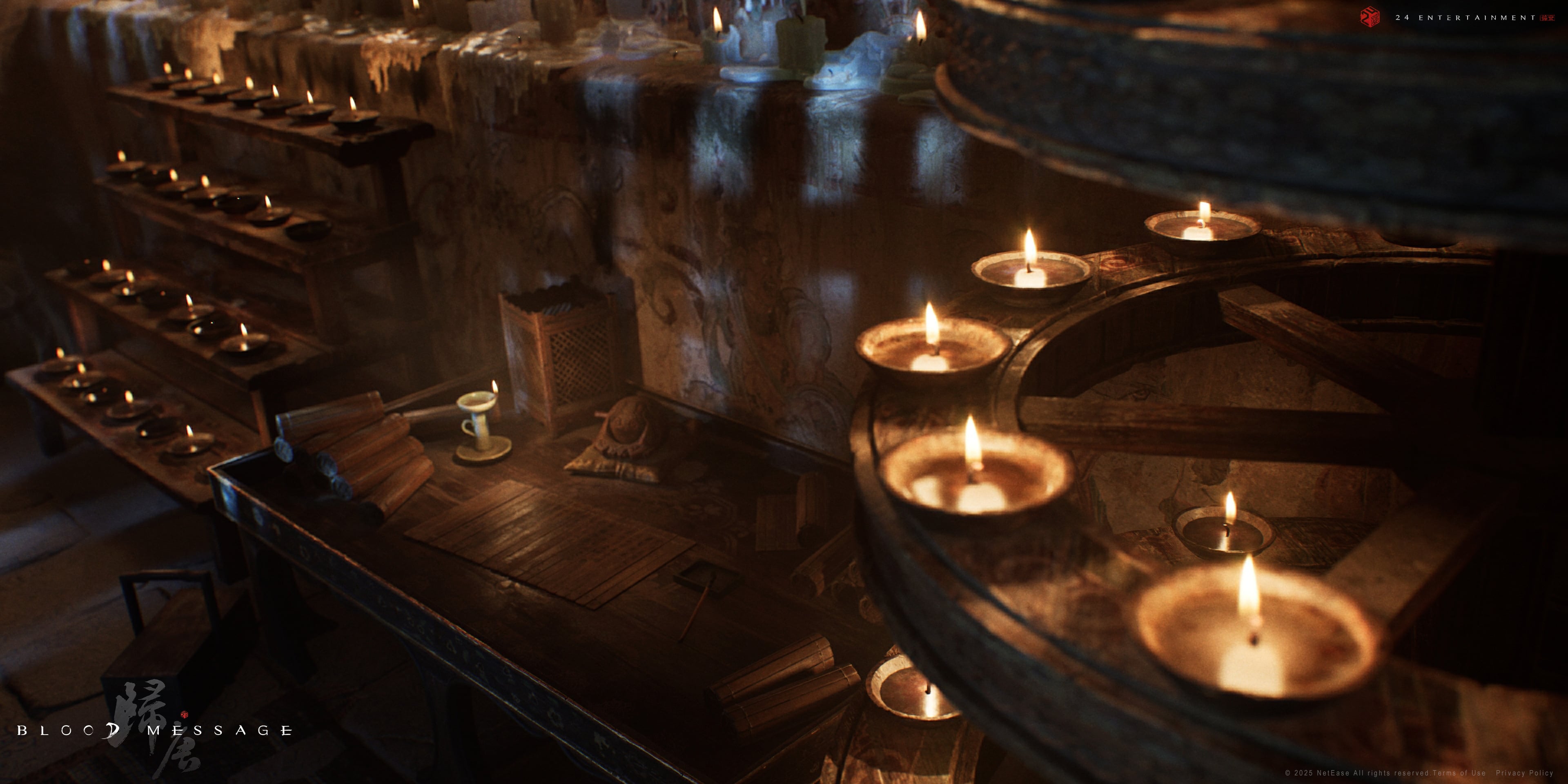 Interior of a Tang-era candlelit sanctuary lined with shelves of votive lamps and offering cups