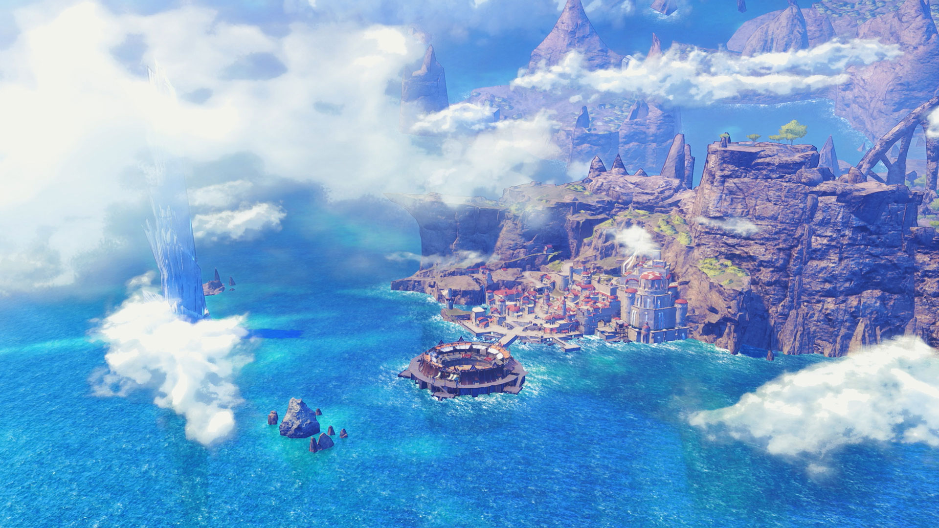A cliffside coastal settlement in Xenoblade Genesis, with a circular structure in the bay and a landmass suspended above the sea