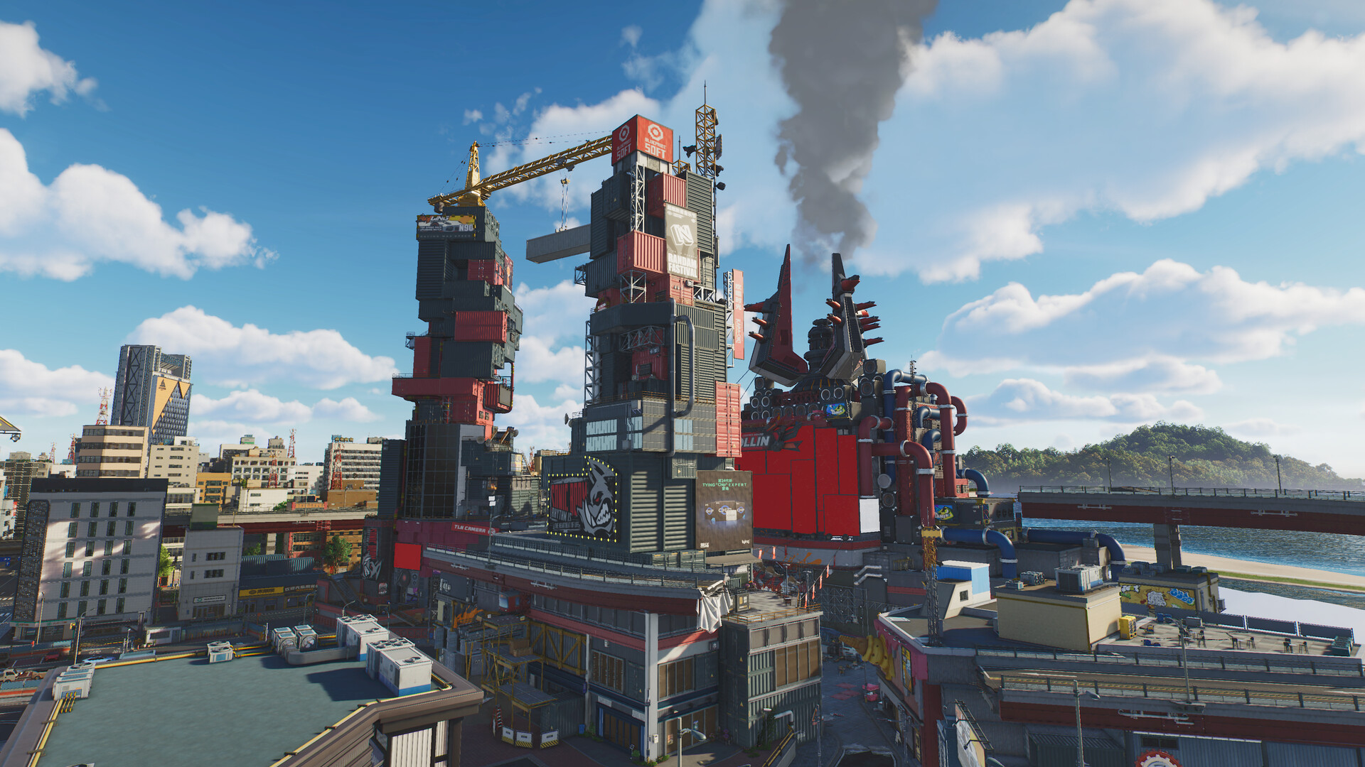 A stacked shipping-container district crowned by a boar-shaped machine