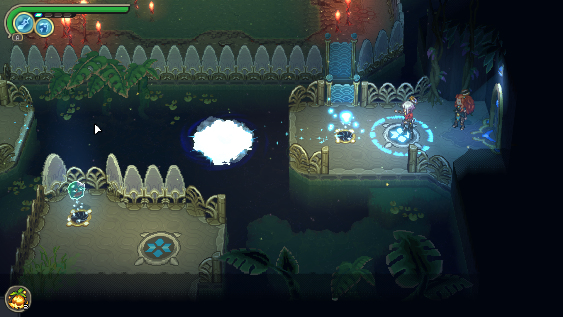A chamber in the Trial of Cryo dungeon lit by hanging lanterns above dark water