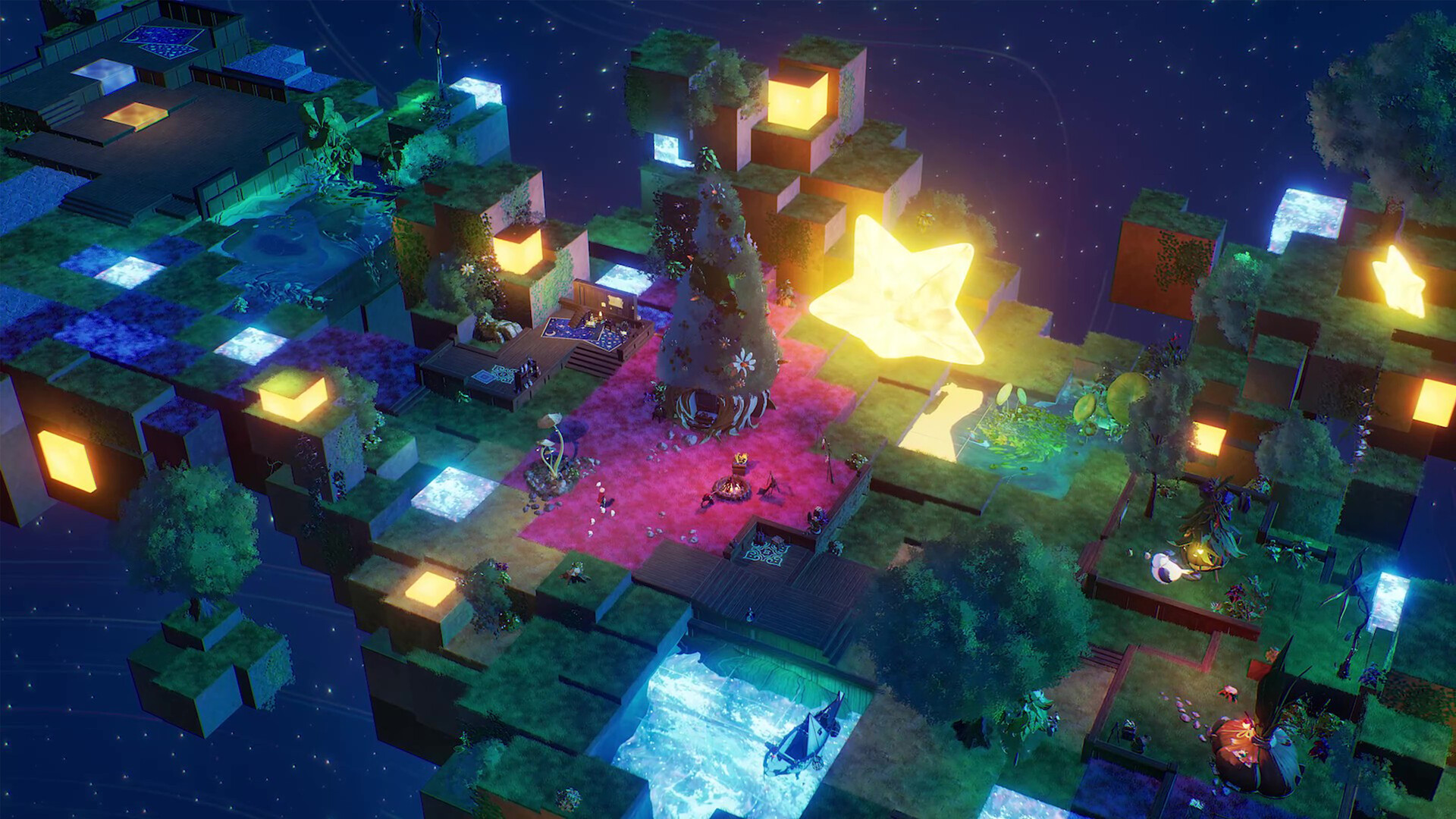 A night scene of floating blocky islands lit by glowing cubes and a large glowing star
