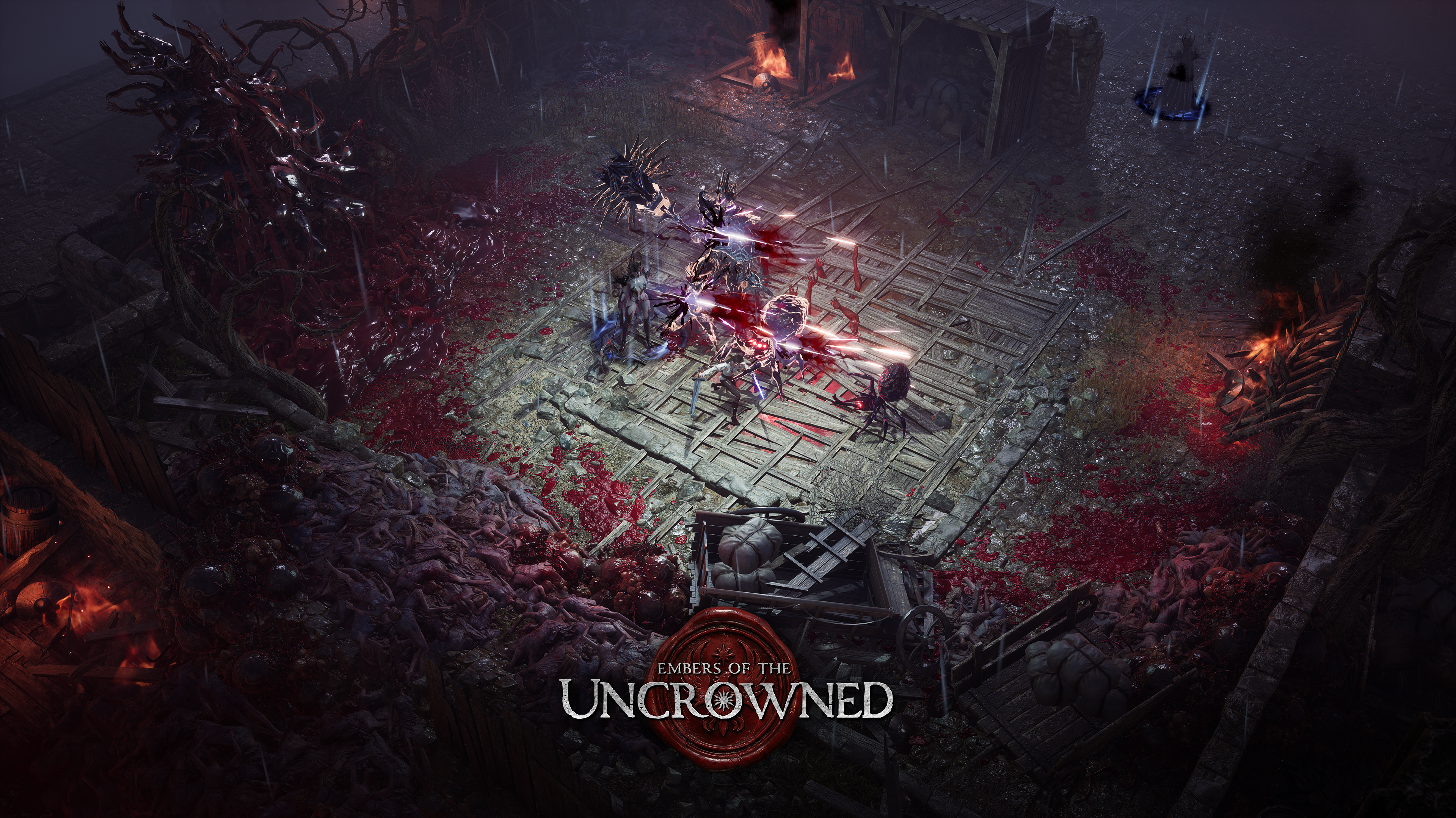 Isometric combat scene - a player engages multiple enemies in a blood-soaked stone arena surrounded by debris